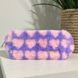 Truly - Fuzzy Heart Cosmetic Makeup Bag Purple With Pink Hearts - NWOT